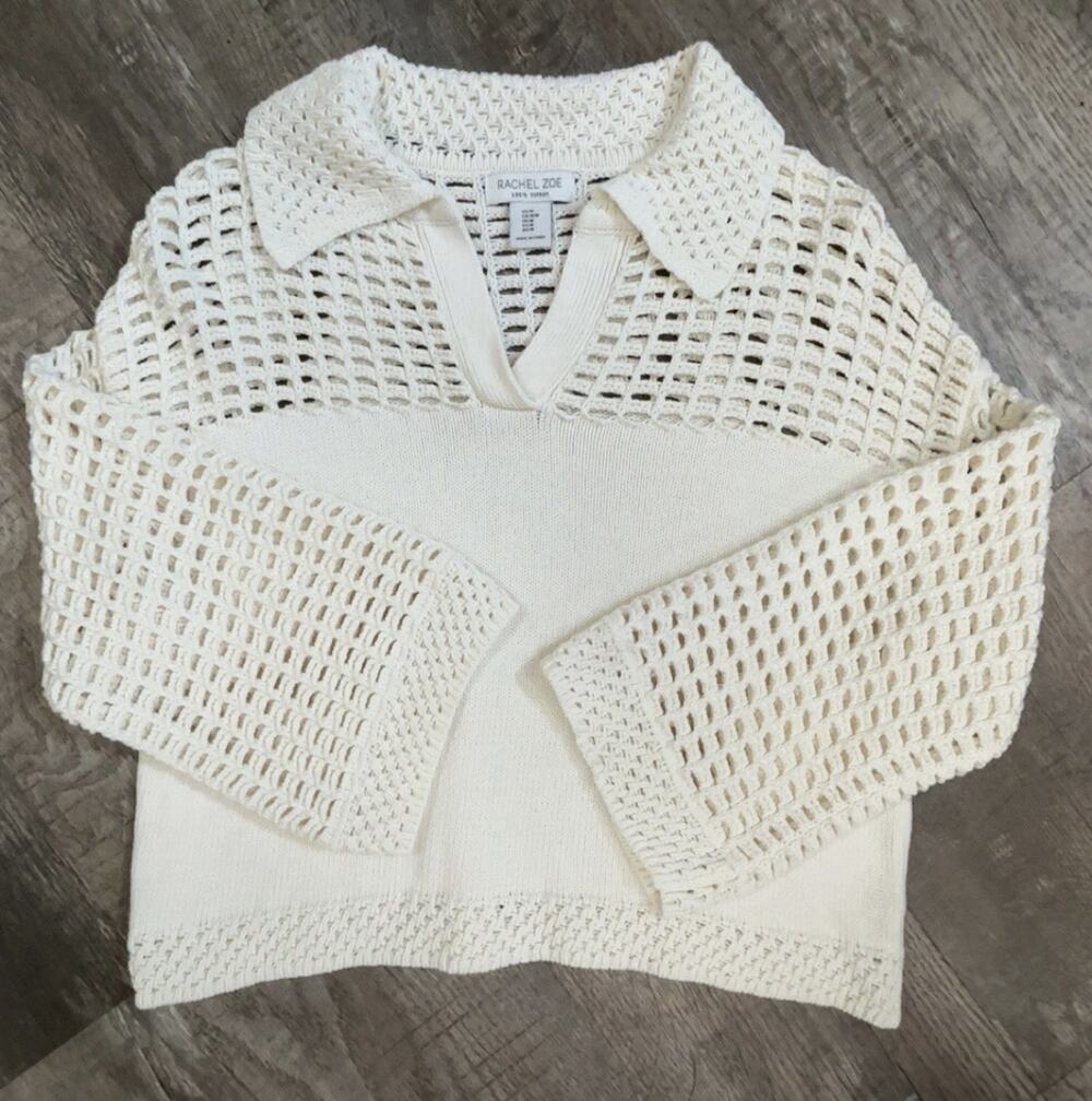 Rachel Zoe Cream Open Weave Crochet Knit Polo Sweater Cotton Womens Size M